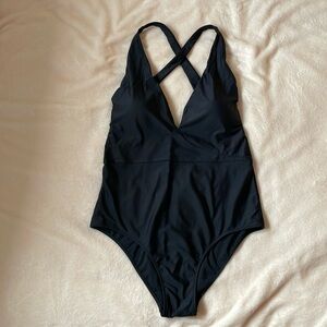 Plunging Black One-Piece Swimsuit Sz 14 Womens